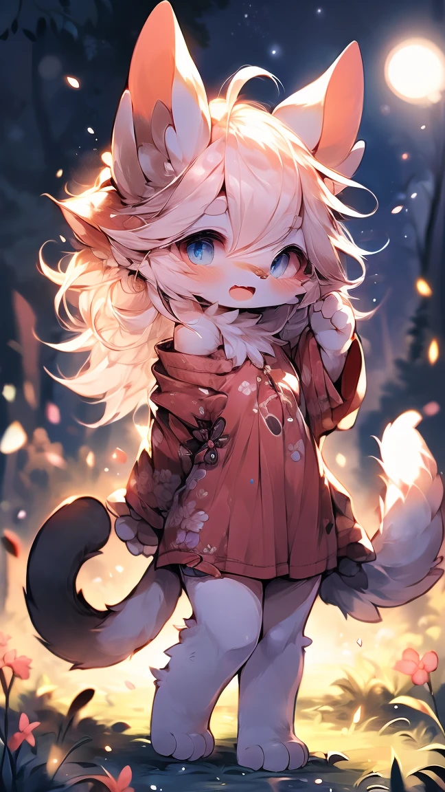 Extremely detailed, beautiful, Fair, masterpiece, best quality, Calming color palette, Peace of mind,White,White绒毛,Fluffy white ears and tail, blush,HD Wallpapers,16k resolution, Deep blue eyes,Like the eyes of the galaxy,hairy尾巴,粉色Cat耳朵,Plush body,paw,hairy,浑身hairy,Long legs,blush,Open your mouth,Loose clothing,Off-shoulder,White毛发,grassland,moonlight,Cat,like,Shy,Wink
