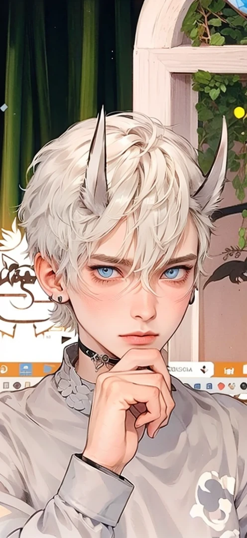 masutepiece, Best Quality, 1 boy, Short hair, Silver hair, sharpteeth, tusk,Choker,Blue eyes,Black leather shirt, blush, western building, charicature, Looking at Viewer, Dog ears are attached on the head