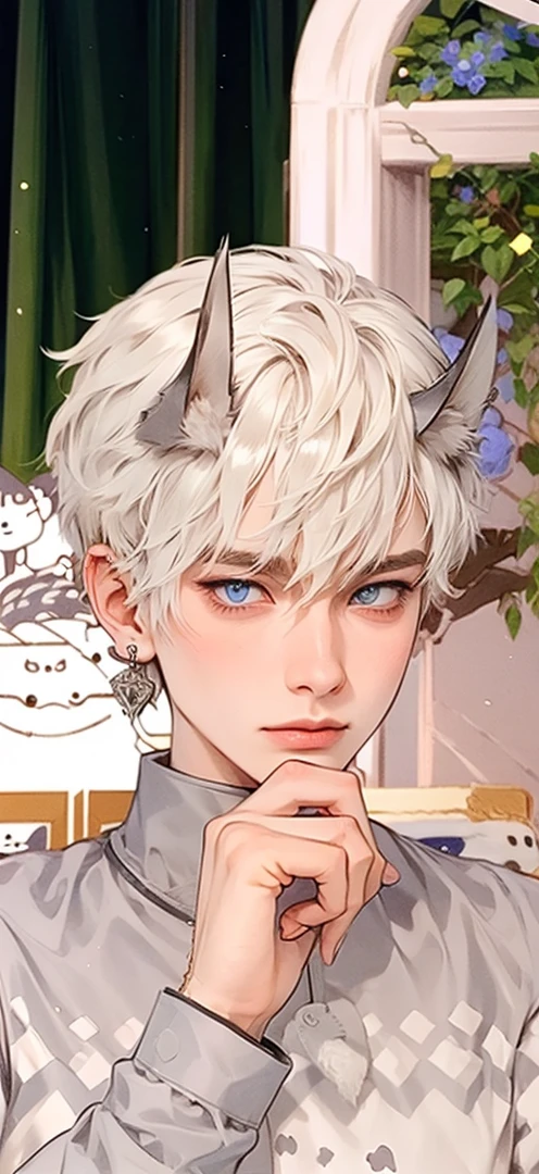 masutepiece, Best Quality, 1 boy, Short hair, Silver hair, sharpteeth, tusk,Choker,Blue eyes,Black leather shirt, blush, western building, charicature, Looking at Viewer, Dog ears are attached on the head