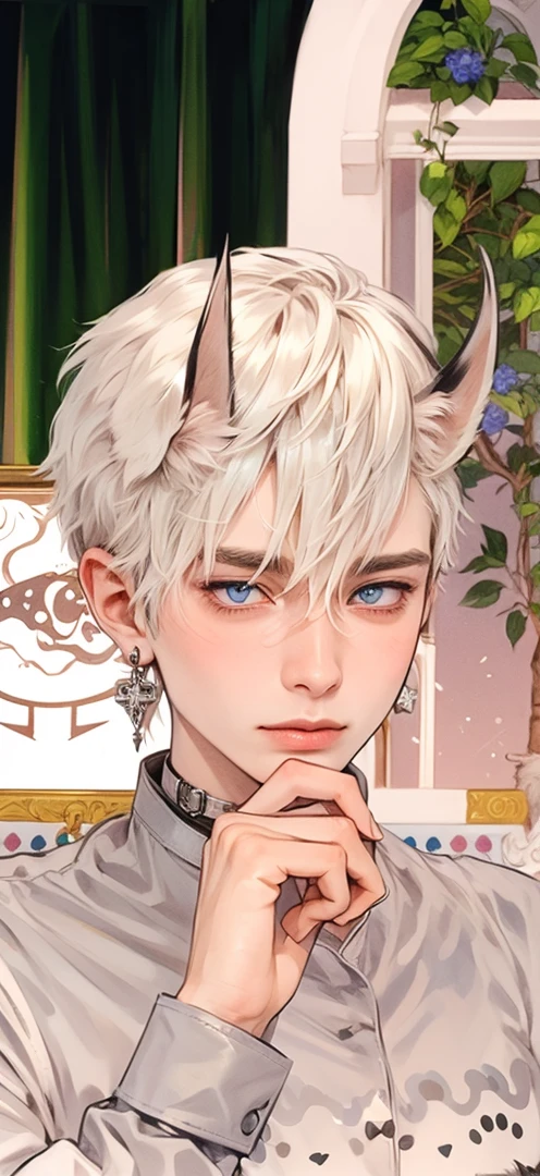 masutepiece, Best Quality, 1 boy, Short hair, Silver hair, sharpteeth, tusk,Choker,Blue eyes,Black leather shirt, blush, western building, charicature, Looking at Viewer, Dog ears are attached on the head
