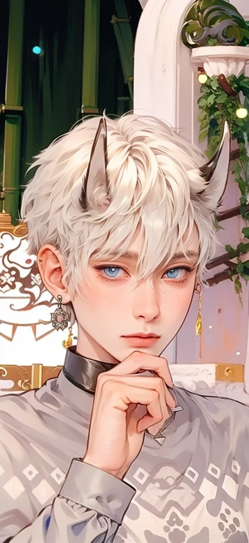 masutepiece, Best Quality, 1 boy, Short hair, Silver hair, sharpteeth, tusk,Choker,Blue eyes,Black leather shirt, blush, western building, charicature, Looking at Viewer, Dog ears are attached on the head