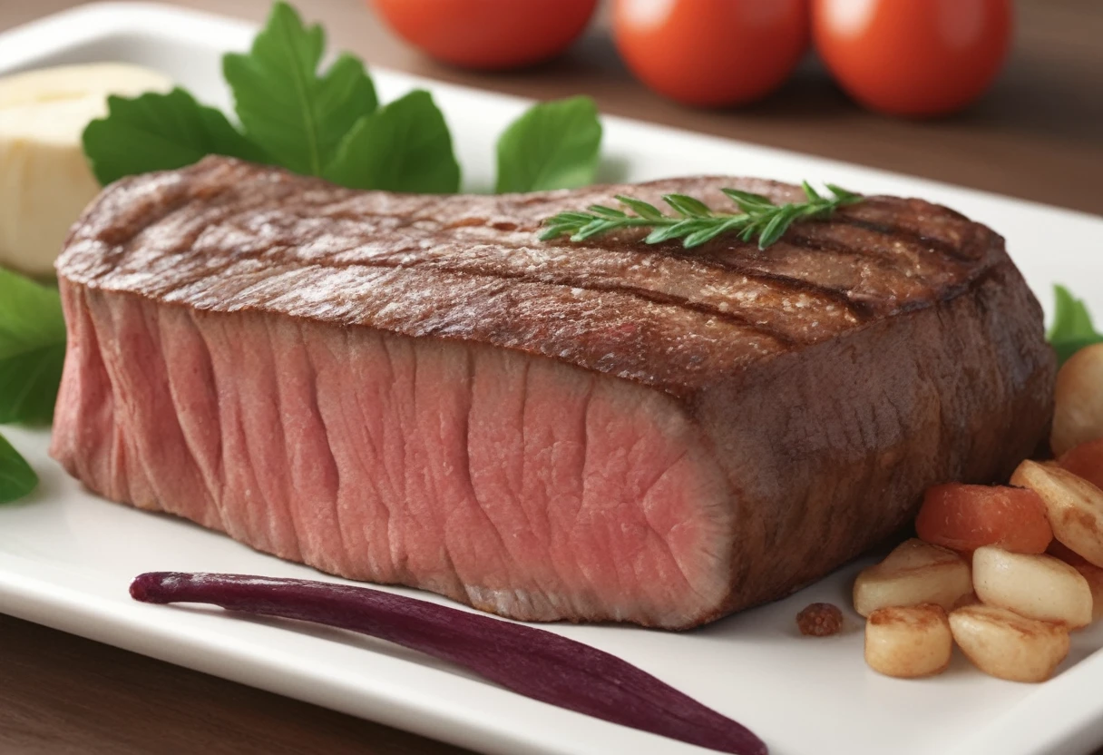 A delicious, juicy, freshly grilled beef steak, close-up view, perfectly seared, glistening with natural juices, garnished with aromatic herbs, shot in natural studio lighting, hyper-realistic, 8K, intricate detail, mouth-watering, prime quality, premium grade meat, tender and succulent, dramatic lighting, high-contrast, rich color palette, warm tones, captivating composition, photorealistic