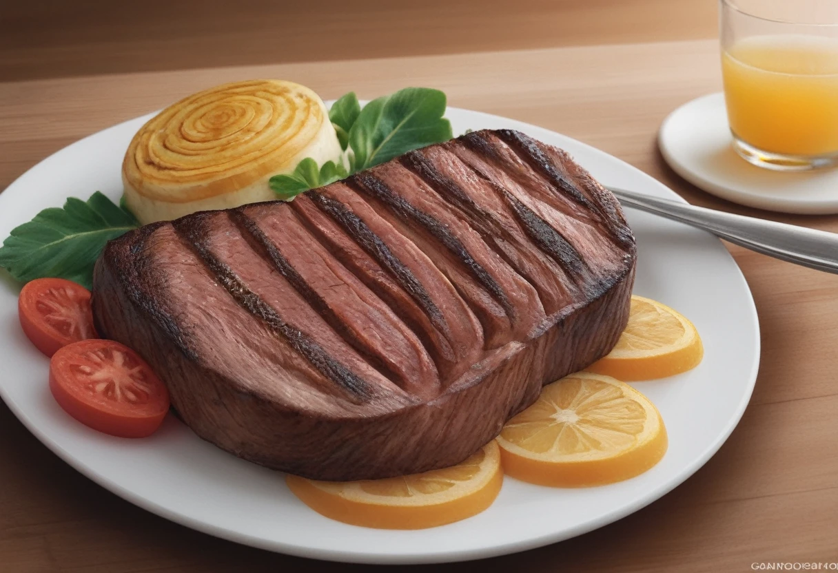 A delicious, juicy, freshly grilled beef steak, close-up view, perfectly seared, glistening with natural juices, garnished with aromatic herbs, shot in natural studio lighting, hyper-realistic, 8K, intricate detail, mouth-watering, prime quality, premium grade meat, tender and succulent, dramatic lighting, high-contrast, rich color palette, warm tones, captivating composition, photorealistic
