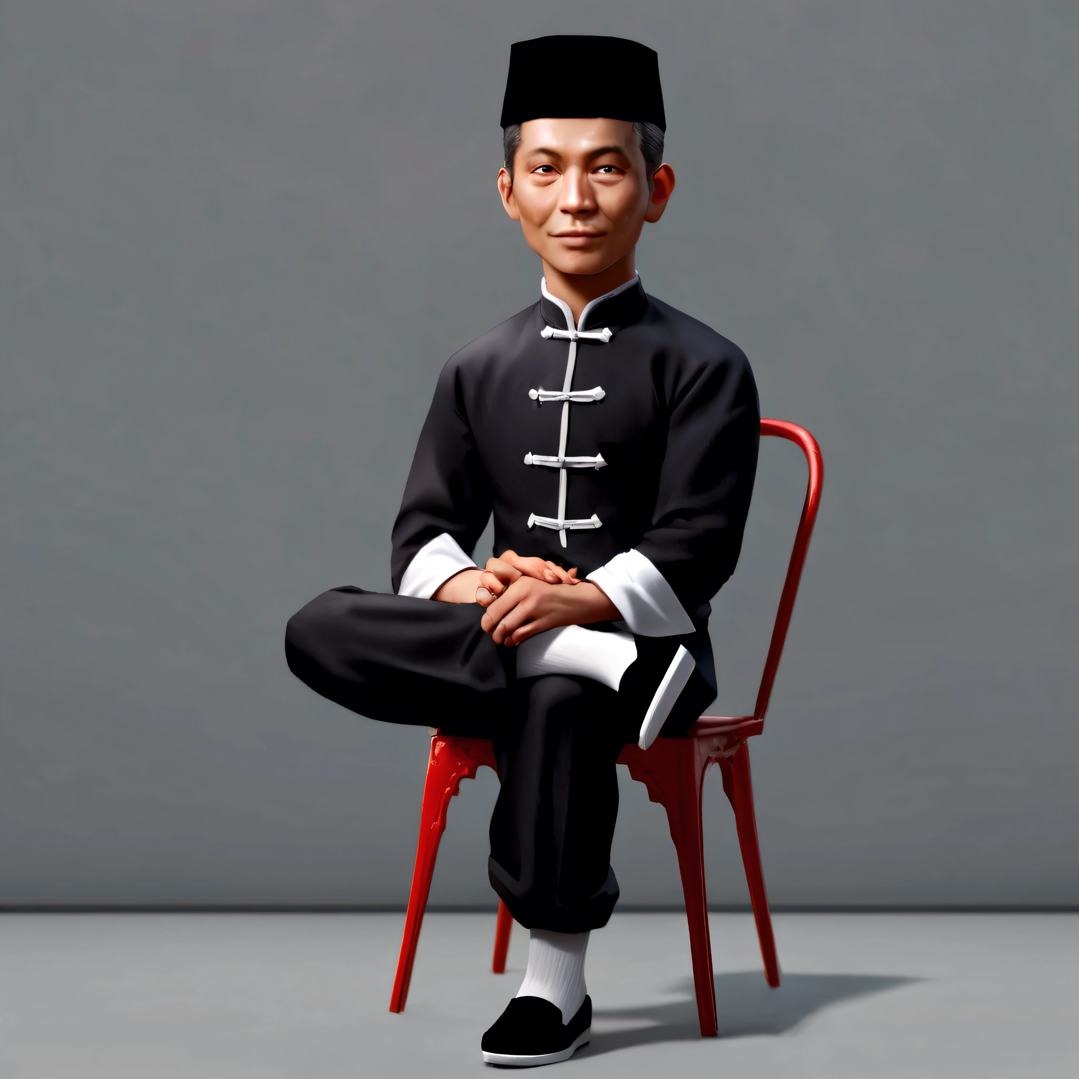 Realistic 5D caricature image of an Indonesian man with full body, short hair, black skullcap, oval face, black long-sleeved Changshan shirt, shirt sleeves rolled up to the elbows. white trim shirt edges, white trim collar edges, white sleeve edges. black wushu pants, black elastic ankle pants, white socks, black traditional Chinese slip-on shoes (Wing Cun shoes). sitting on a chair with a red curtain background, sitting on a red chair (red armrests), sitting on a chair with your legs crossed, left leg on top of your right leg, both hands in your lap. Detailed HD quality 5D cinematic rendering
