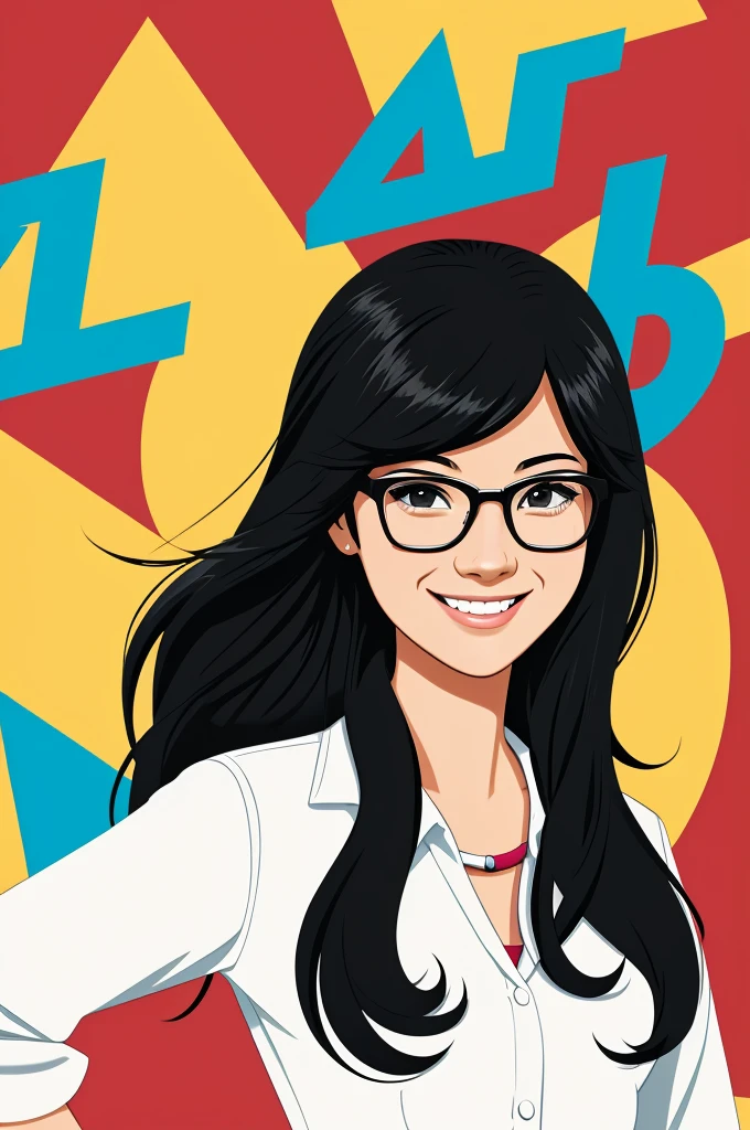 Cartoon, animated cartoon, Women, teacher, YOUNG, happy, happy, with glasses, long black hair, chestnut, whole body, with breakers with colorful background