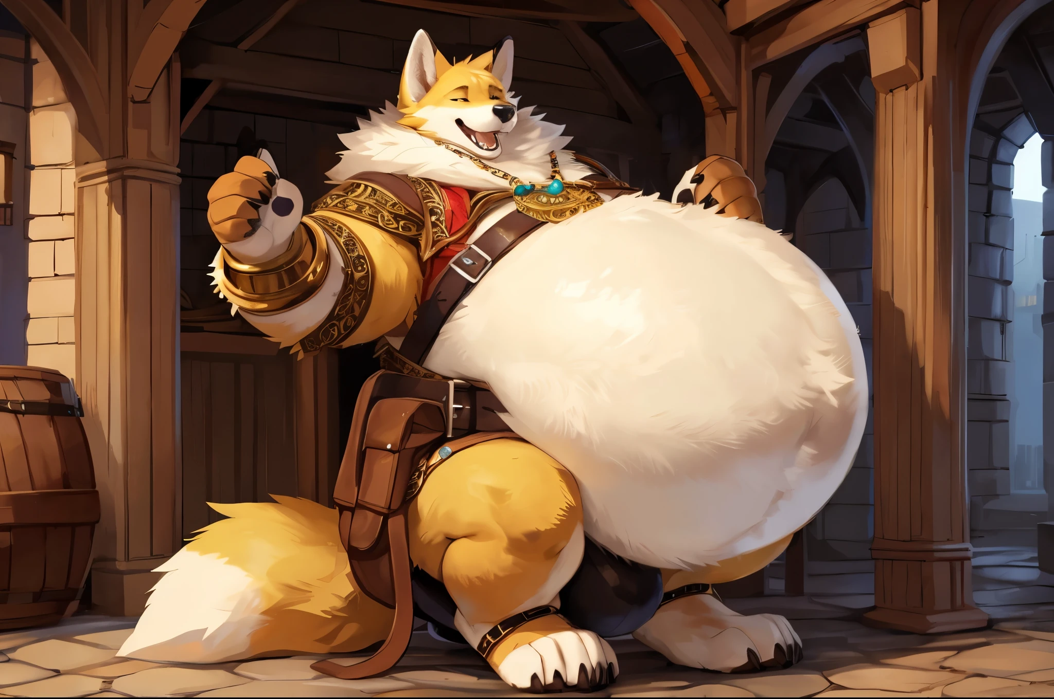 4k ultra quality, 4k full body view,ultra high detailed body,singo person,feral fox, detailed body, (ultra detailed belly), white belly fur,big belly, ((round belly)), enormous belly, enormous body, bulge,by mystikfox61, by glitter trap boy, by bebebebebe,by morethreedee, by seibear,(thick thigh),(chubby thigh),thicc thigh,thick legs,chubby legs,thicc legs,massive butt,enomorous thigh,massive thigh,massive legs,(detailed thigh),(wide thigh),thick butt,fluffy belly,furry belly,sharp nails,((sfw)),(ultra detailed face),ultra detailed eyes,cute face,green eyes,(golden fur),mouth open,big tail,fluffy tail,(detailed tail),enomorous tail,front view,bigger tail,huge tail,bloated feral belly,enomorous thigh,fluffy paws,detailed paws,thick paws,chubby paws,huge paws,big paws,(black paws),bare paws,ornate belts,ornate necklace,golden bracelet,leather belts,multiple belts, saddle bags,ornate saddle,saddle packs,big packs,mediaeval town,mediaeval style,treader