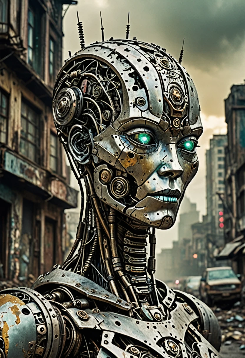 grunge style Unveil the magnificent spectacle of a Cybernetic female Robot in a stunning medium shot, a desolate landscape of a once thriving yet now destroyed Futuristic City. Adorned in scratched and tarnished armor reminiscent of a bygone era, our subject reveals their true identity through an unmistakably humanoid realistic synthflesh Android Head. A harmonious blend of Fantasy and Sci-Fi elements come together to craft a world brimming with wonder and intrigue. The Feminine Face peers out at us, both Seductive and Sexual, drawing viewers deeper into its enchanting web. An ethereal Mist or Fog creeping across the ground below. Illuminated by radiant Backlighting enhanced by Bloom and Chromatic Aberration effects, every aspect of this mesmerizing creation commands attention, leaving no doubt about its place amongst the most exquisite works of Artificial Intelligence ever conceived. . textured, distressed, vintage, edgy, punk rock vibe, dirty, noisy