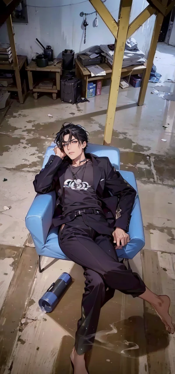 (masterpiece, best quality, highres, ultra-detailed), 1man, male focus, spiky black hair, grey eyes, handsome, detailed eyes and face, male body, earrings, ear piercing,  unbuttoned black blazer, white shirt, trousers, bare collarbones, chain necklace, city slums background, by amano akira, full body, cigarette, cigarette smoke, guy smoking,1guy, masterpiece