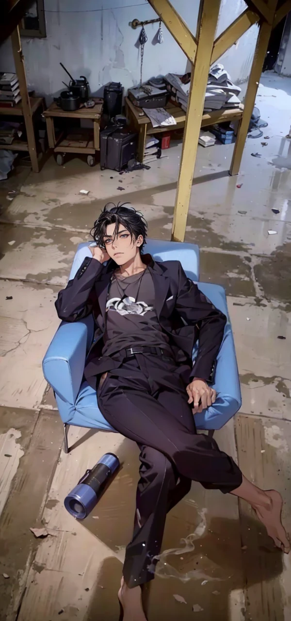 (masterpiece, best quality, highres, ultra-detailed), 1man, male focus, spiky black hair, grey eyes, handsome, detailed eyes and face, male body, earrings, ear piercing,  unbuttoned black blazer, white shirt, trousers, bare collarbones, chain necklace, city slums background, by amano akira, full body, cigarette, cigarette smoke, guy smoking,1guy, masterpiece