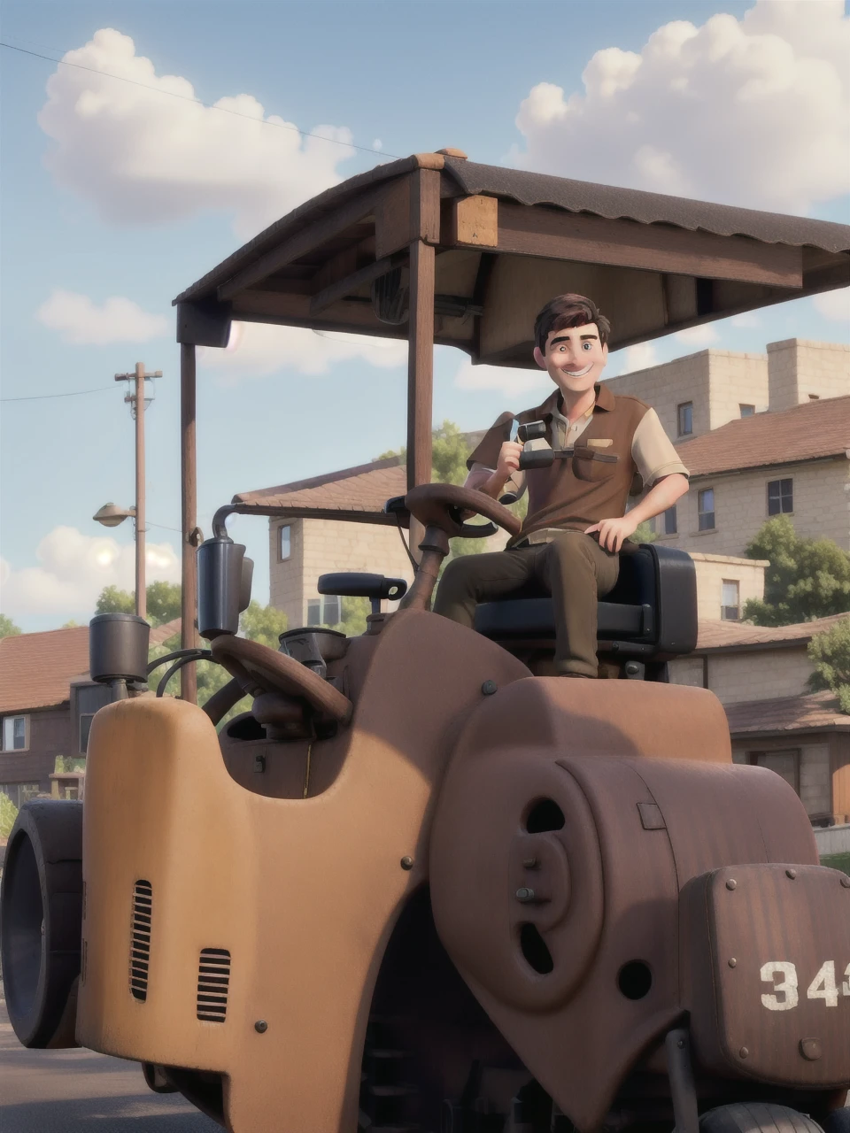 A dark-haired man with short hair, smiling, in a brown polo shirt, sitting, driving a steamroller machine