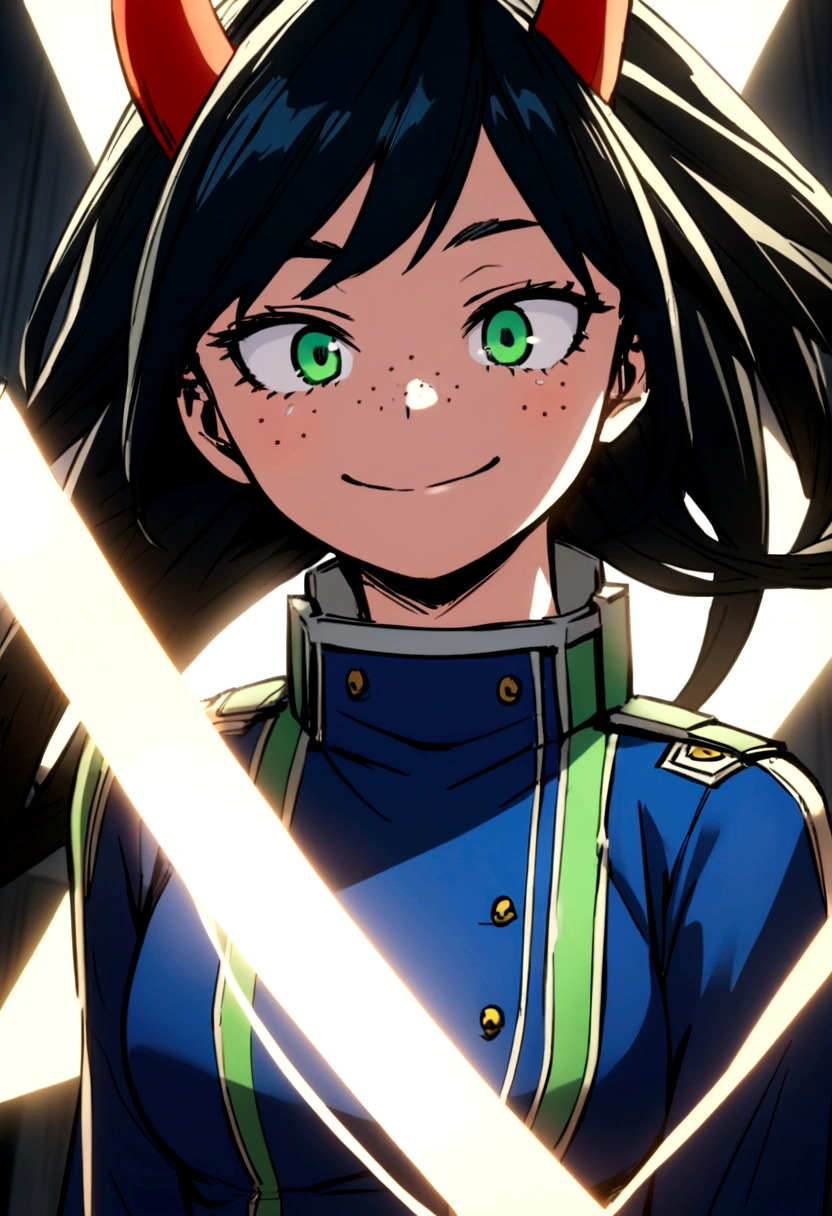 Screenshot of boku no hero academia beautiful dragon girl with four red horns very long black hair green eyes with freckles training in blue uniform with white lines showing a smile