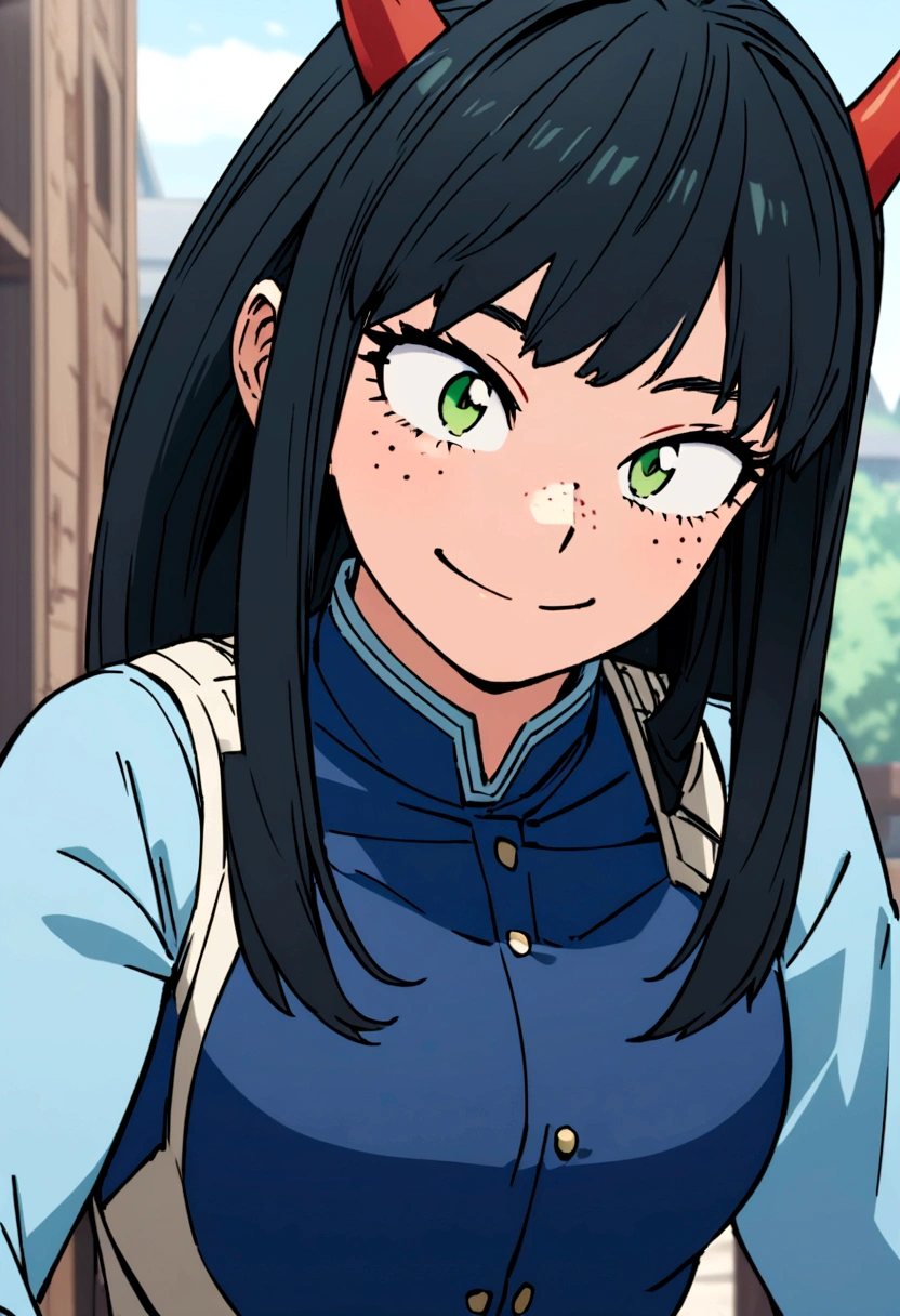 Screenshot of boku no hero academia beautiful dragon girl with four red horns very long black hair green eyes with freckles training in blue uniform with white lines showing a smile 