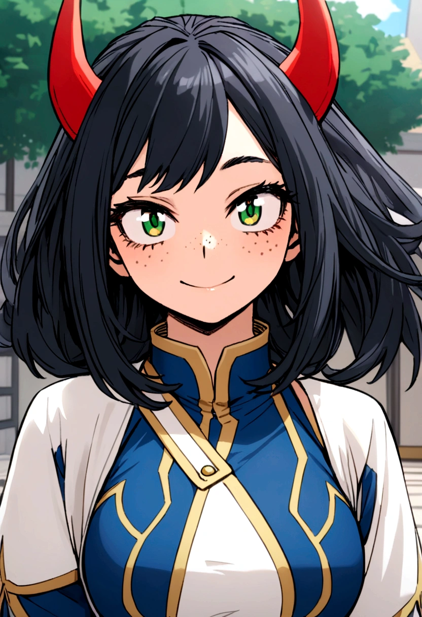 Screenshot of boku no hero academia beautiful dragon girl with four red horns very long black hair green eyes with freckles training in blue uniform with white lines showing a smile