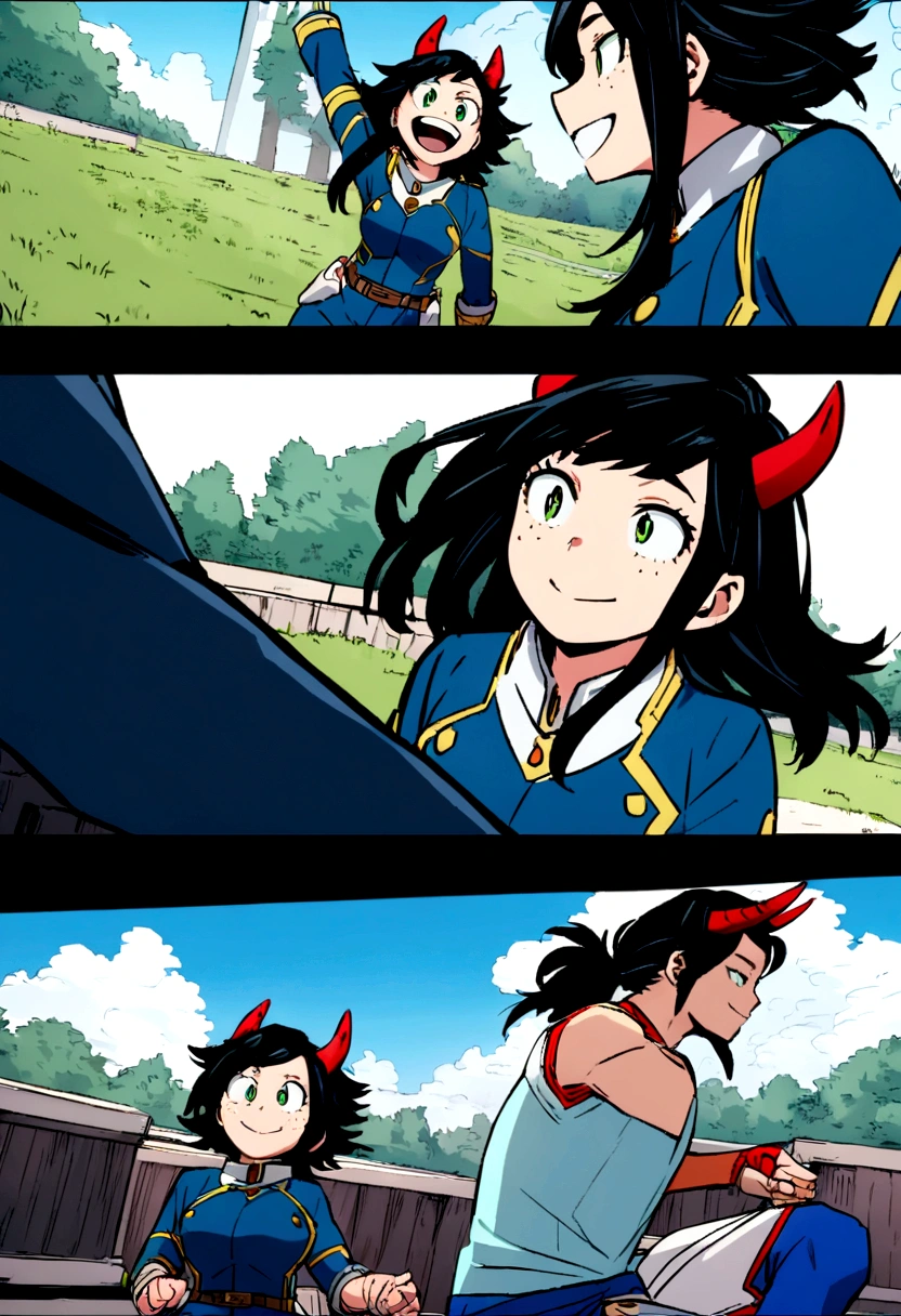 Screenshot of boku no hero academia beautiful dragon girl with four red horns very long black hair green eyes with freckles training in blue uniform with white lines showing a smile 