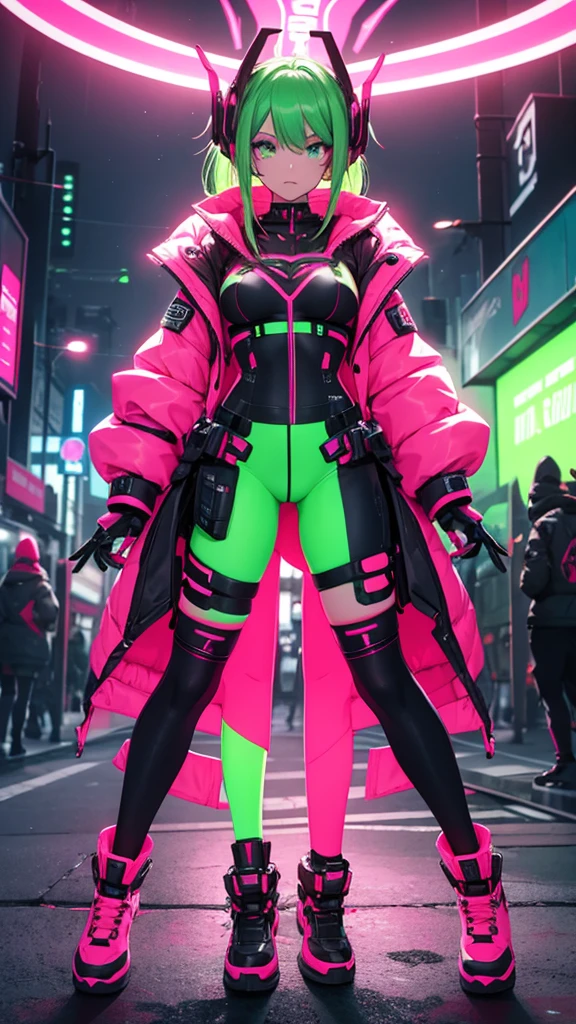 A woman in neon red and neon pink cybernetic outfit full body dark green hair with black roots, green eyes