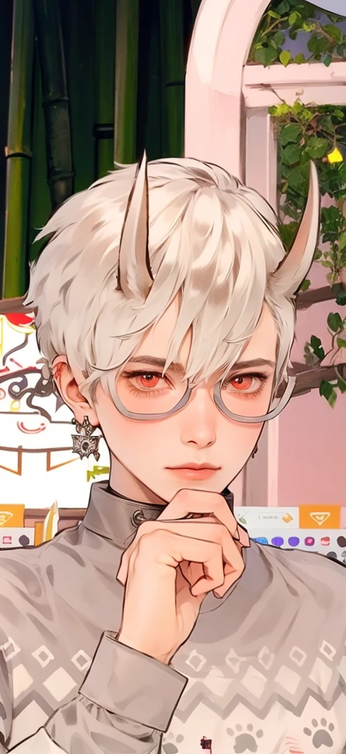 masutepiece, Best Quality, 1 boy, Short hair, Silver hair, sharpteeth, tusk,Choker,Red eyes,Black leather shirt, blush, western building, charicature, Looking at Viewer, Dog ears are attached on the head