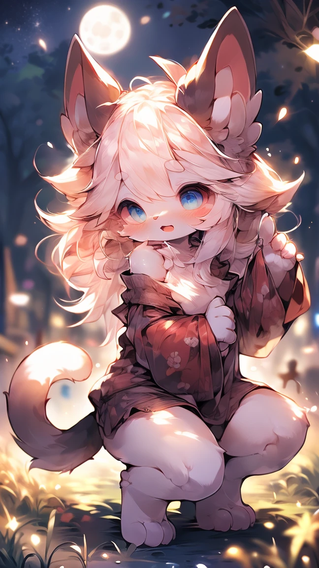  Extremely detailed, beautiful, Fair, masterpiece, best quality, Calming color palette, Peace of mind,White，White绒毛，Fluffy white ears and tail， blush，HD Wallpapers，16k resolution, Deep blue eyes，Like the eyes of the galaxy，hairy尾巴，粉色Cat耳朵，Plush body，paw,hairy,浑身hairy，Long legs，blush，Open your mouth，Loose clothing，Off-shoulder，White毛发，grassland，moonlight，Cat，like，Wink，Long legs，cute