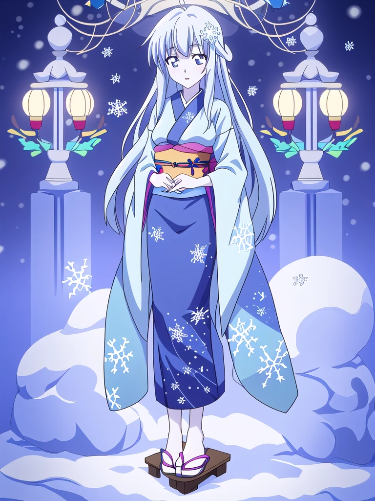 Standing portrait, full body, anime style, anime CG style, gal game CG style, pale skin, single woman, woman around 40 years old, adult woman, mature woman, pastel blue hair, long hair, standard bust, normal bust, medium bust, snowflake hair ornament, snowflake accessories, snow patterned kimono, women's geta, bare feet, masterpiece, high resolution, high quality, plain transparent background,