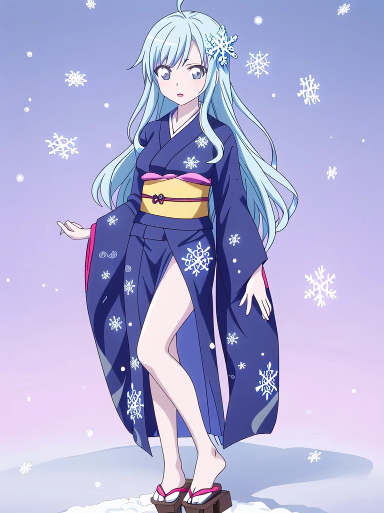 Standing portrait, full body, anime style, anime CG style, gal game CG style, pale skin, single woman, woman around 40 years old, adult woman, mature woman, pastel blue hair, long hair, standard bust, normal bust, medium bust, snowflake hair ornament, snowflake accessories, snow patterned kimono, women's geta, bare feet, masterpiece, high resolution, high quality, plain transparent background,