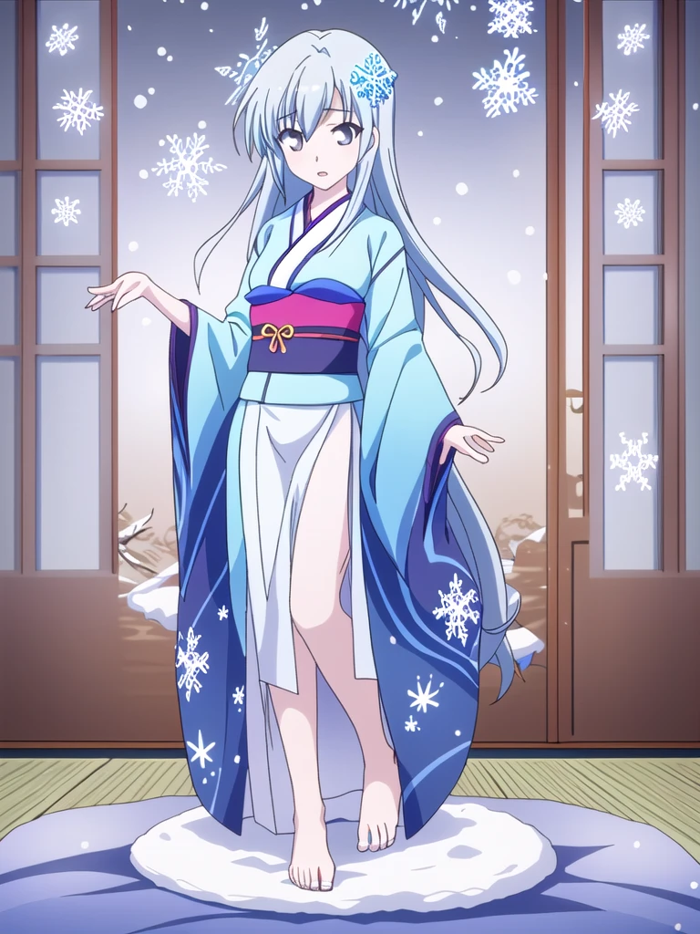 Standing portrait, full body, anime style, anime CG style, gal game CG style, pale skin, single woman, woman around 40 years old, adult woman, mature woman, pastel blue hair, long hair, standard bust, normal bust, medium bust, snowflake hair ornament, snowflake accessories, snow patterned kimono, women's geta, bare feet, masterpiece, high resolution, high quality, plain transparent background,