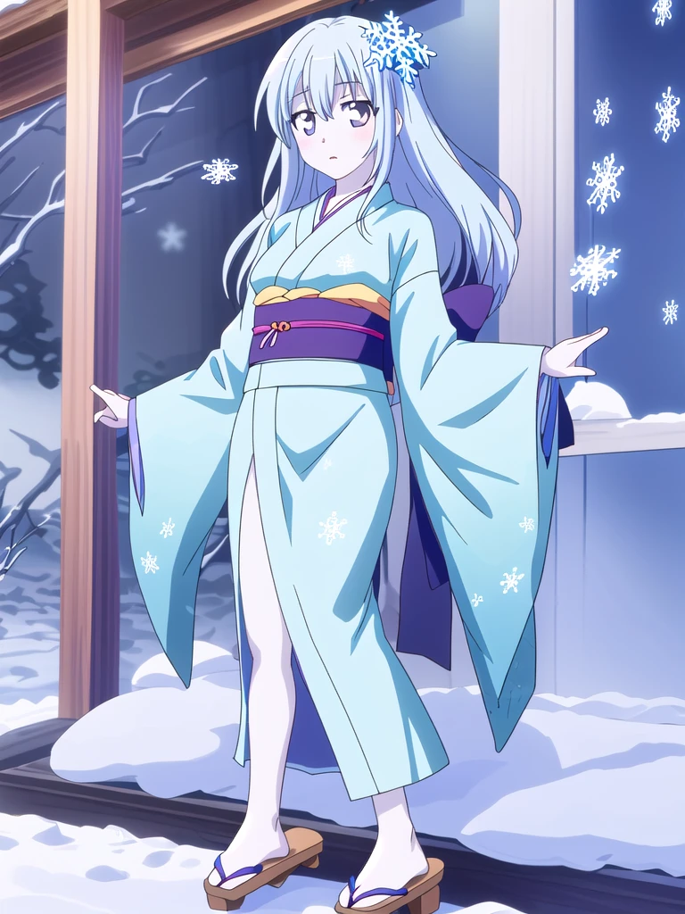 Standing portrait, full body, anime style, anime CG style, gal game CG style, pale skin, single woman, woman around 40 years old, adult woman, mature woman, pastel blue hair, long hair, standard bust, normal bust, medium bust, snowflake hair ornament, snowflake accessories, snow patterned kimono, women's geta, bare feet, masterpiece, high resolution, high quality, plain transparent background,