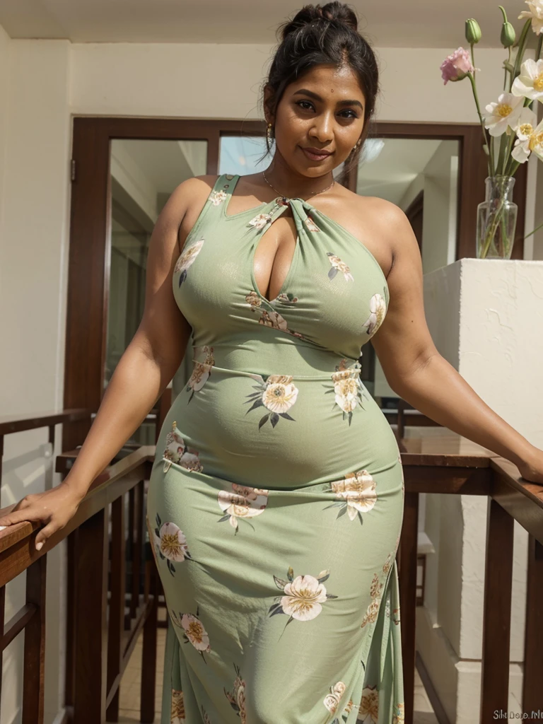 Sri lankan aunty 45 years old curvy body sexy figure fat body hairbun wearing flower pattern tight long dress tan line 