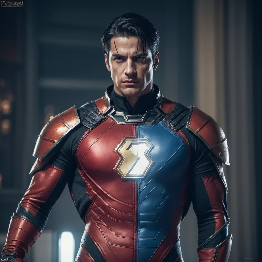 Florian Wirtz as Superman in DC, detailed superhero suit, Germany flag on chest, muscular body, piercing eyes, chiseled jawline, heroic pose, dramatic lighting, cinematic composition, rich color palette, gritty realism, (best quality,4k,8k,highres,masterpiece:1.2),ultra-detailed,(realistic,photorealistic,photo-realistic:1.37)