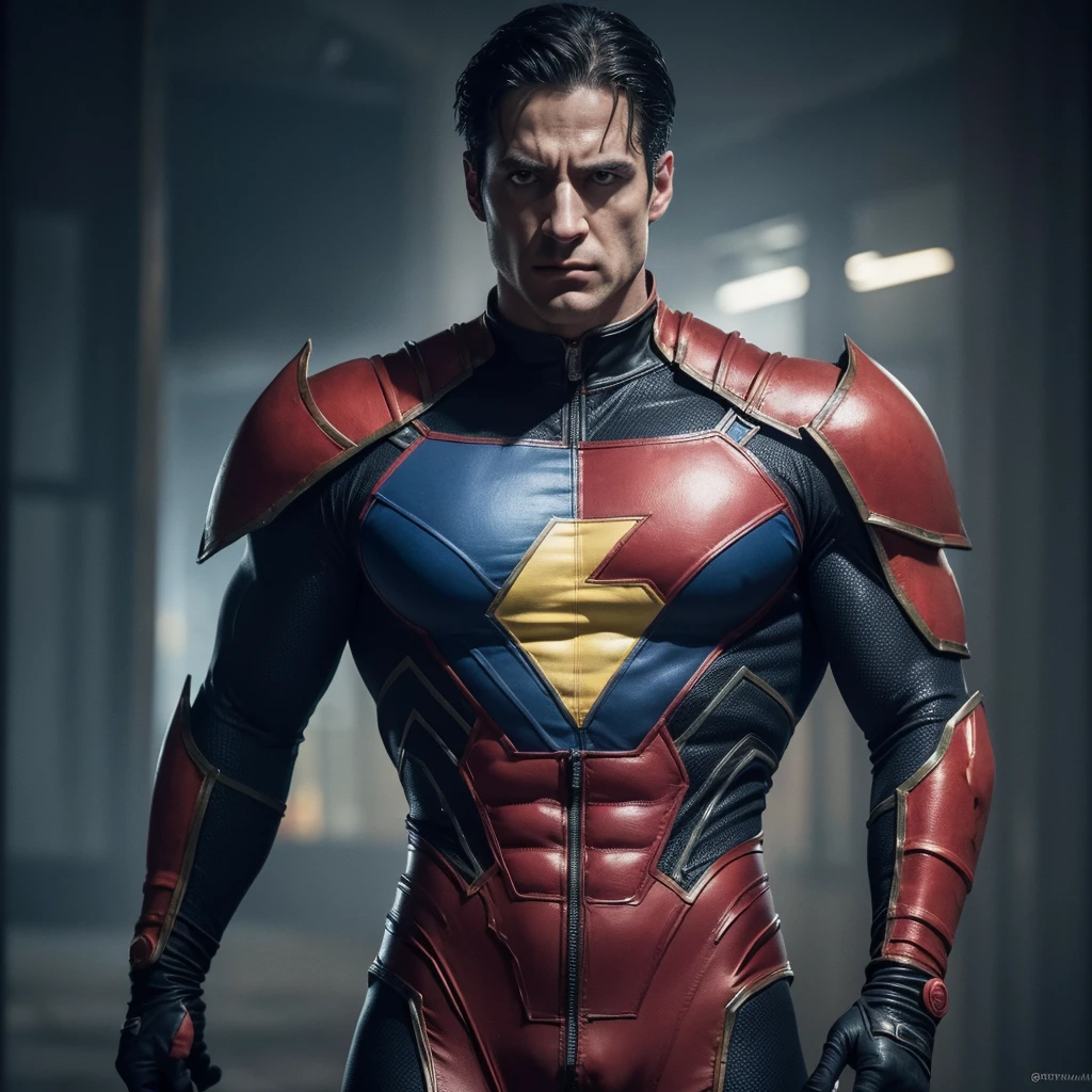 Florian Wirtz as Superman in DC, detailed superhero suit, Germany flag on chest, muscular body, piercing eyes, chiseled jawline, heroic pose, dramatic lighting, cinematic composition, rich color palette, gritty realism, (best quality,4k,8k,highres,masterpiece:1.2),ultra-detailed,(realistic,photorealistic,photo-realistic:1.37)