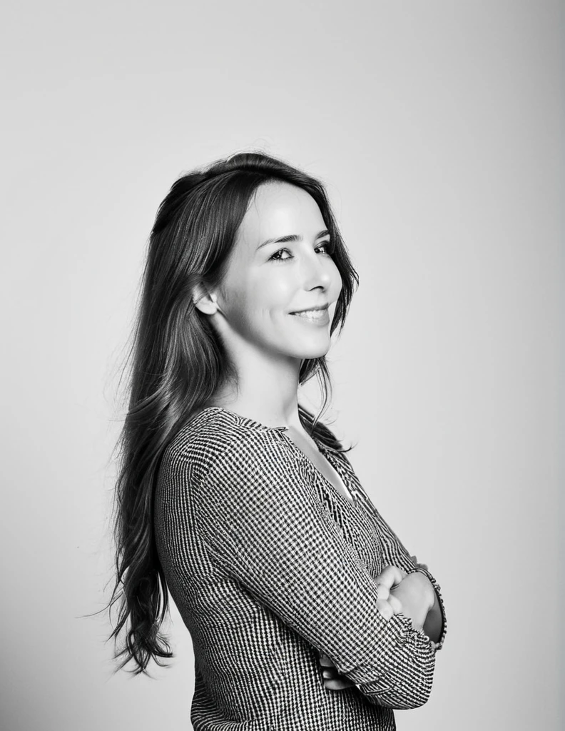 A black and white photograph of stefanie joosten posing in profile. Long straight hair falling freely. Her expression is joyful with a wide smile. The background is completely white, highlighting her figure with soft, even lighting. Her arms are crossed over her chest, creating a dynamic and expressive pose. The image conveys freedom, confidence, and joy image,attletic,green eyes, Brunette,1girl
