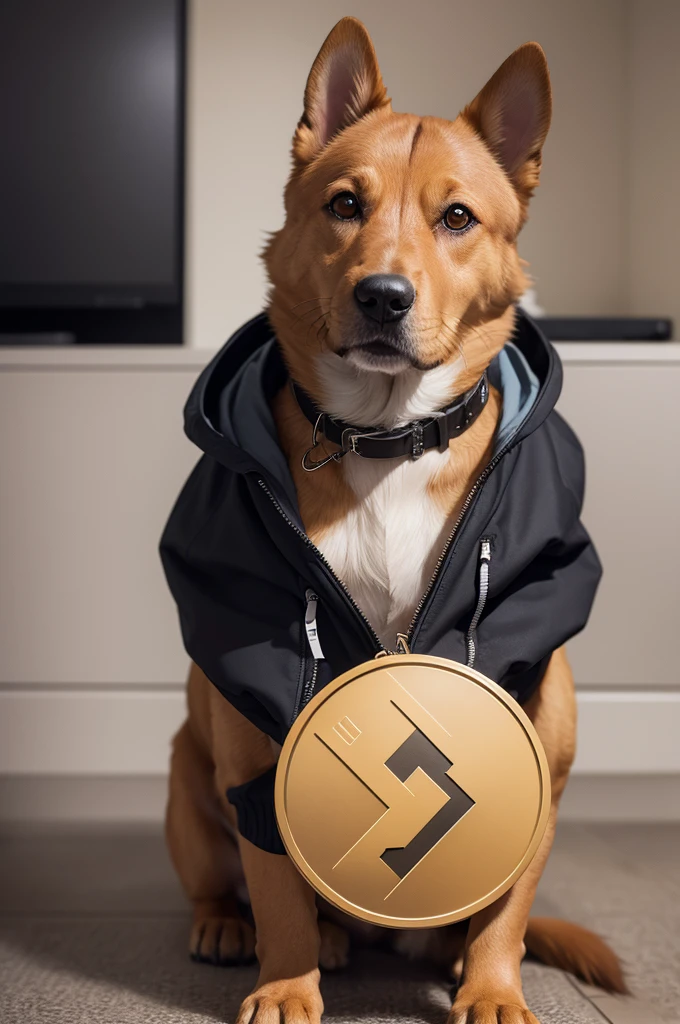 dog with written jacket and solana cryptocurrency symbol