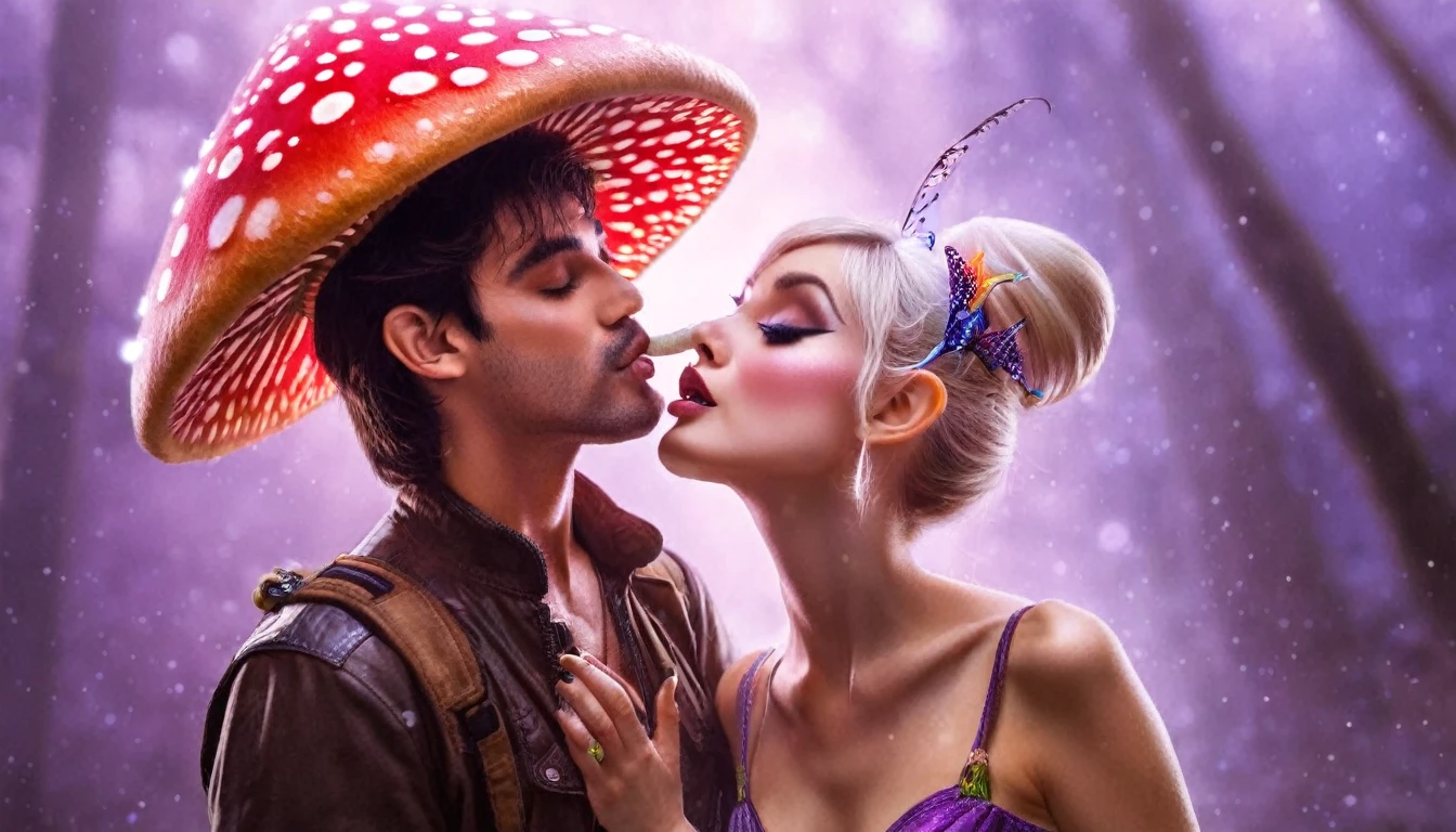 a pixie man kisses a tall fairy under a magic mushroom