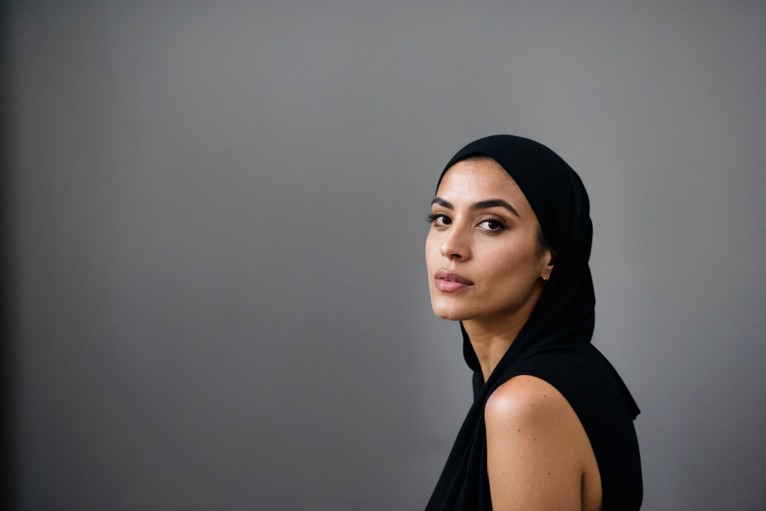 RAW photo,dark,moody,hazy atmosphere,35mm focal lenght,underexposed,cold,candid photograph,artistic,full body,photo of a beautiful,influencer,30yo Moroccan woman,black hijab,detailed skin,naked, looking away from viewer, thick body structure,grey background,no background, candid pose,dim room,blue light, film grain, kodak color, instagram LUT