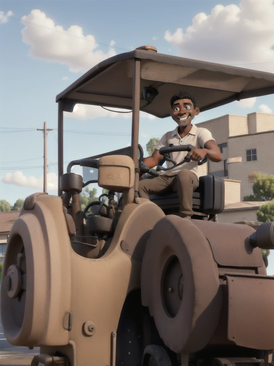 A black man with short hair, smiling, in a brown polo shirt, sitting, driving a steamroller machine