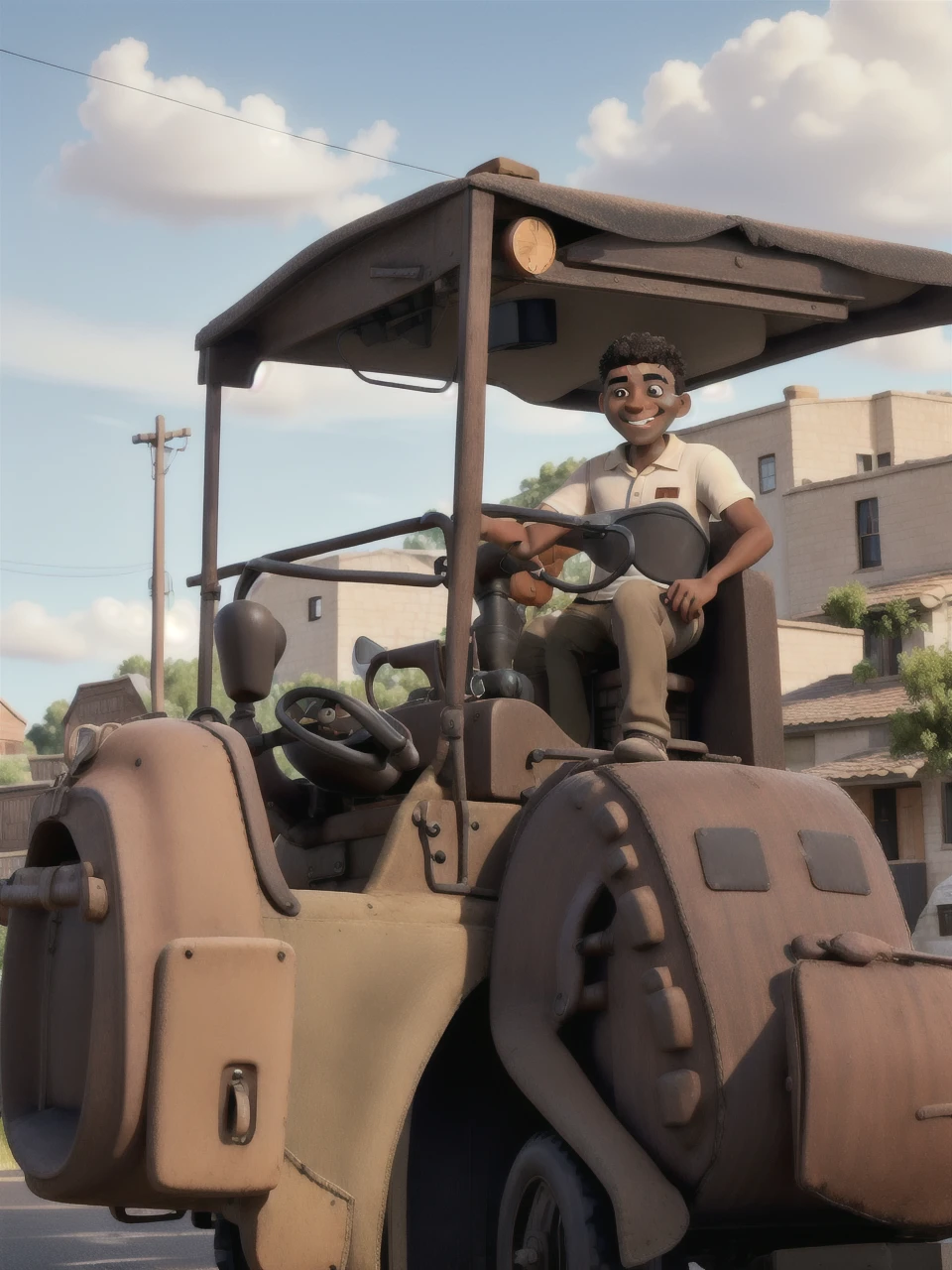 A black man with short hair, smiling, in a brown polo shirt, sitting, driving a steamroller machine