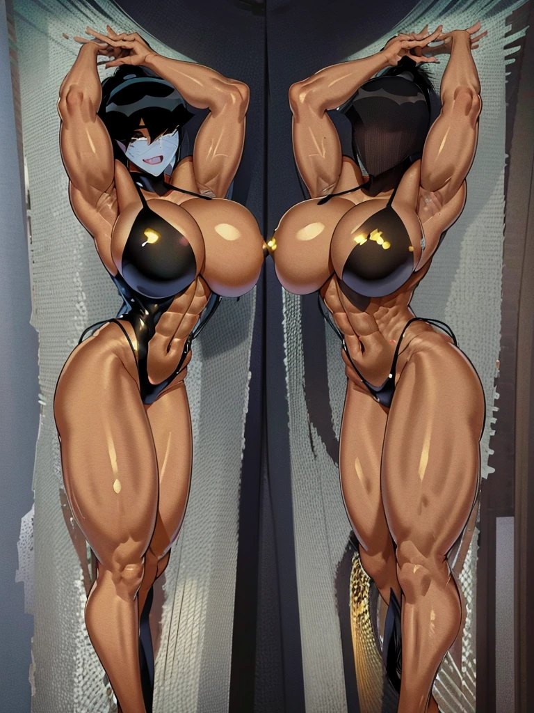 arafed female bodybuilder posing muscular, muscular and terrifying, strong and imposing, feminine and muscular, exaggerated physique, Dark goddess with six arms, exaggeratedly large physique, coxas musclegirls, muscles , mulheres guerreiras musclegirls, muscles maciços, dominant pose, muscles enormes, explodindo com muscles, muscles extremos, musclegirl, coastal, Huge coasts, side-by-side, gazing at viewer, looked at me, side-by-side, flexed arms, Eyes red, ela colocou as hands on breasts, , looking at me, malicious smile,facing me, hands on breasts, extremely tight dress, more muscular, muito musclegirl
