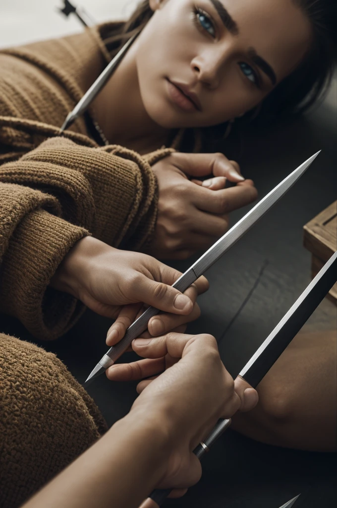 caso knolling, two spears together in x signature (((photo realist, realist, dramatic, sharp focus, 8k))) that says SIll Z