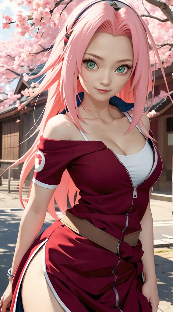 tmasterpiece， Best quality at best， 1girll，(open waist:1.5) ，Sakura Haruno， Large breasts，Off-the-shoulder attire，（cleavage)，（upperbody closeup)，Raised sexy，is shy，ssmile，with pink hair， long whitr hair， （Green eyeballs:1.4)， Forehead protection， the cherry trees，Cherry blossoms flying，Red clothes，Zipper half