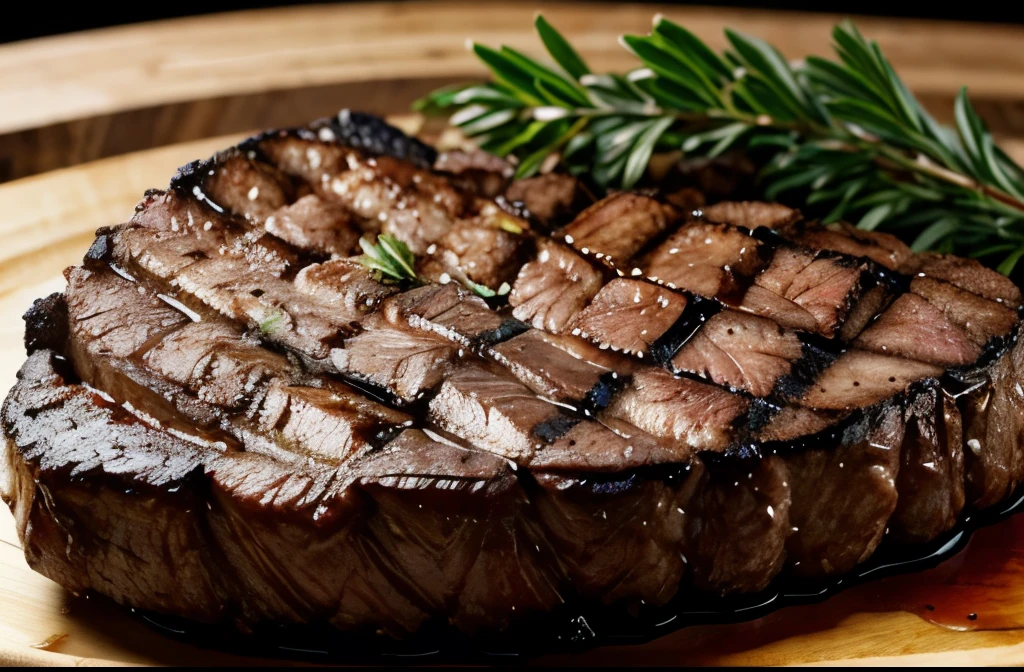 A delicious, juicy, freshly grilled beef steak, close-up view, perfectly seared, glistening with natural juices, garnished with aromatic herbs, shot in natural studio lighting, hyper-realistic, 8K, intricate detail, mouth-watering, prime quality, premium grade meat, tender and succulent, dramatic lighting, high-contrast, rich color palette, warm tones, captivating composition, photorealistic