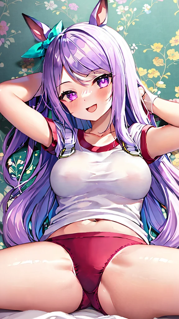 {{{NSFW}}},(masterpiece:1.2),(ultra quality:1.2),(ultra detailed:1.2),(ultra-high resolution:1.2),(very fine 8K CG wallpaper:1.2),Mejiro McQueen \(umamusume\),{1 girl,beautiful girl,cute,smile,kawaii, lovely,blushing,playful expression},sharp focus,oily skin,beautiful detailed hair,glossy hair,(wear gym uniform:1.5),(lying on the bed:1.2),wear bloomer,perfect two legs,(spread two legs:1.2),,five fingers,(large breaths),beautiful detailed eyes,jewel like eyes,violet eyes, (two hands behind head:1.1),open mouth,armpits, solo,beautiful navel, looking at viewer,collarbone,earring
