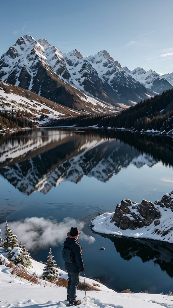 A photorealistic image of a man standing on the peak of a snow-capped mountain, with a serene lake in the foreground and a misty valley in the background. The man should be dressed in warm outdoor clothing, with a hat and gloves. The image should be captured in a wide shot, with the man standing at the edge of the peak, looking out at the serene landscape.