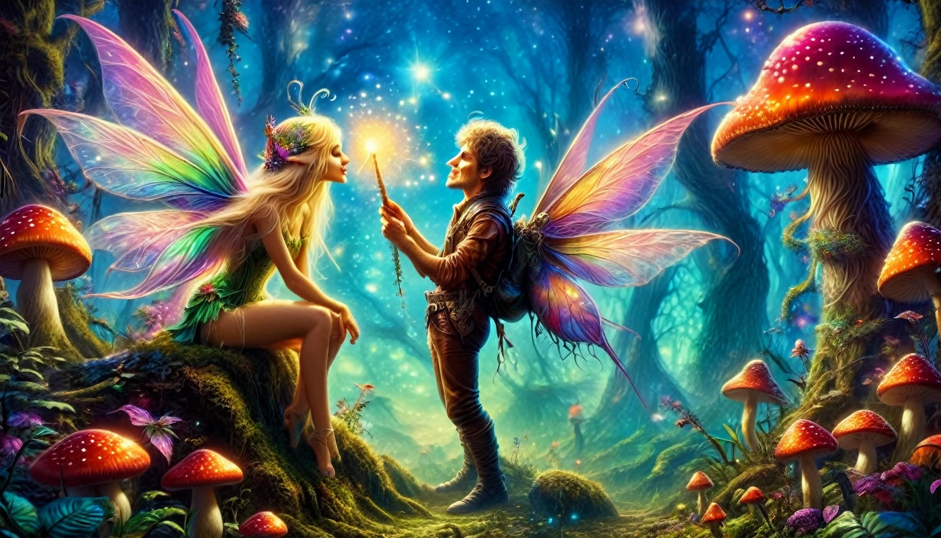 a pixie man kisses a tall fairy under a magic mushroom