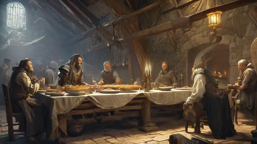 Within the rustic confines of a medieval tavern, where heavy oak beams crisscross overhead and the air is thick with the savory aroma of roasted meats and spiced ale, sits an old wooden table. Hewn from weathered timber and polished smooth by generations of use, the table groans under the weight of a hearty medieval feast.

Upon its surface rests a simple linen cloth, embroidered with faded patterns of vine and leaf, serving as a backdrop to an array of delectable fare. A loaf of crusty, golden-brown bread sits at the table's center, still warm from the oven and fragrant with the scent of freshly baked grains.

Surrounding the bread, an assortment of dishes offer a glimpse into the culinary delights of the era: a roasted joint of succulent venison, seasoned with herbs and glazed with honey; bowls of steaming root vegetables and fragrant herbs harvested from the nearby countryside; and pewter goblets brimming with dark ale that sparkles in the dim candlelight.

The tavern's patrons, a motley crew of travelers, merchants, and weary knights, gather around the table, their voices mingling in a lively symphony of laughter and spirited conversation. Above them, the flickering glow of torches casts dancing shadows on the rough-hewn walls, where shields and swords hang as testament to battles fought and victories won.

In this scene of camaraderie and rustic charm, the old table laden with bread and medieval fare becomes a focal point—a place where tales are shared, alliances are forged, and the timeless pleasures of good food and drink unite even the most disparate souls in a shared moment of respite from the harsh realities of medieval life."