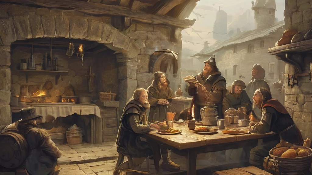 Within the rustic confines of a medieval tavern, where heavy oak beams crisscross overhead and the air is thick with the savory aroma of roasted meats and spiced ale, sits an old wooden table. Hewn from weathered timber and polished smooth by generations of use, the table groans under the weight of a hearty medieval feast.

Upon its surface rests a simple linen cloth, embroidered with faded patterns of vine and leaf, serving as a backdrop to an array of delectable fare. A loaf of crusty, golden-brown bread sits at the table's center, still warm from the oven and fragrant with the scent of freshly baked grains.

Surrounding the bread, an assortment of dishes offer a glimpse into the culinary delights of the era: a roasted joint of succulent venison, seasoned with herbs and glazed with honey; bowls of steaming root vegetables and fragrant herbs harvested from the nearby countryside; and pewter goblets brimming with dark ale that sparkles in the dim candlelight.

The tavern's patrons, a motley crew of travelers, merchants, and weary knights, gather around the table, their voices mingling in a lively symphony of laughter and spirited conversation. Above them, the flickering glow of torches casts dancing shadows on the rough-hewn walls, where shields and swords hang as testament to battles fought and victories won.

In this scene of camaraderie and rustic charm, the old table laden with bread and medieval fare becomes a focal point—a place where tales are shared, alliances are forged, and the timeless pleasures of good food and drink unite even the most disparate souls in a shared moment of respite from the harsh realities of medieval life."