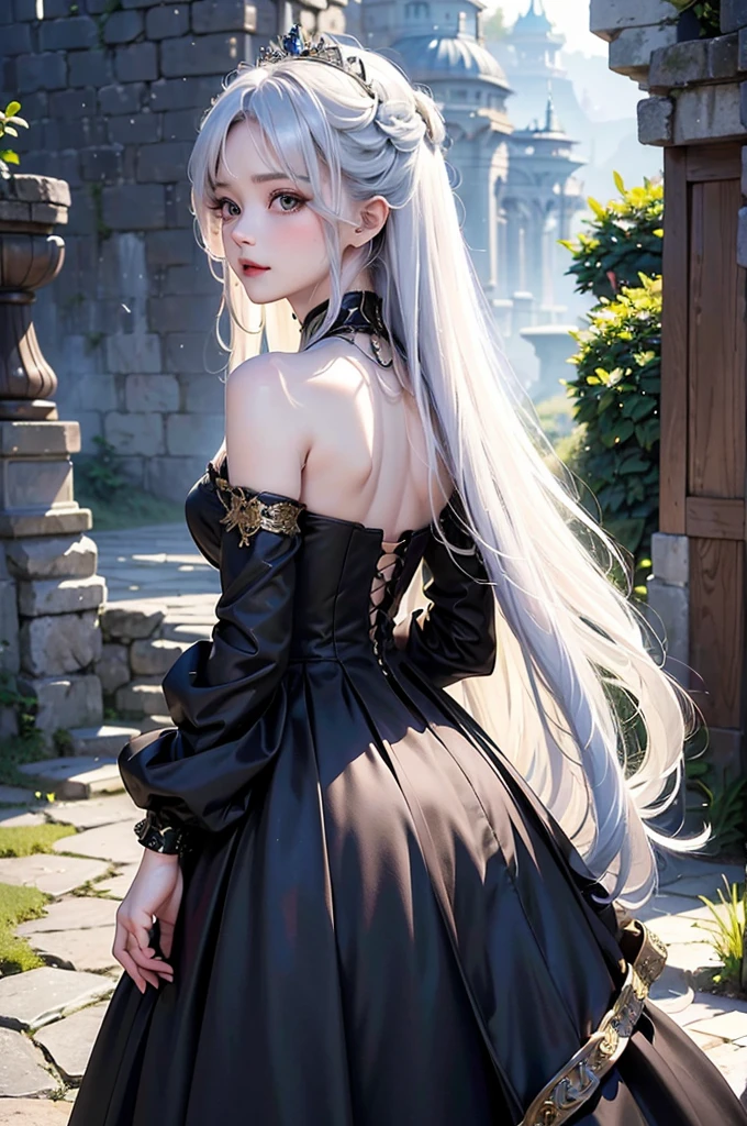 (Upper body image)((masterpiece:1.5,Highest quality,Highly detailed images,Beautiful images、Realistic、Photorealistic、2.5D))(1girl, 独奏)(Adult women、large breasts, white hair, beautiful eyes, Healthy legs、Tight ass、A little bit of her butt is visible through the slit、Beautiful cleavage)(Fantasy dresses、Fantasy Clothes、Black battle dress、black dress:1.5, Deep slit)(smile, wind, floating hair)(bright、Soft lighting、Inside the castle、The King's Chamber）from behind
