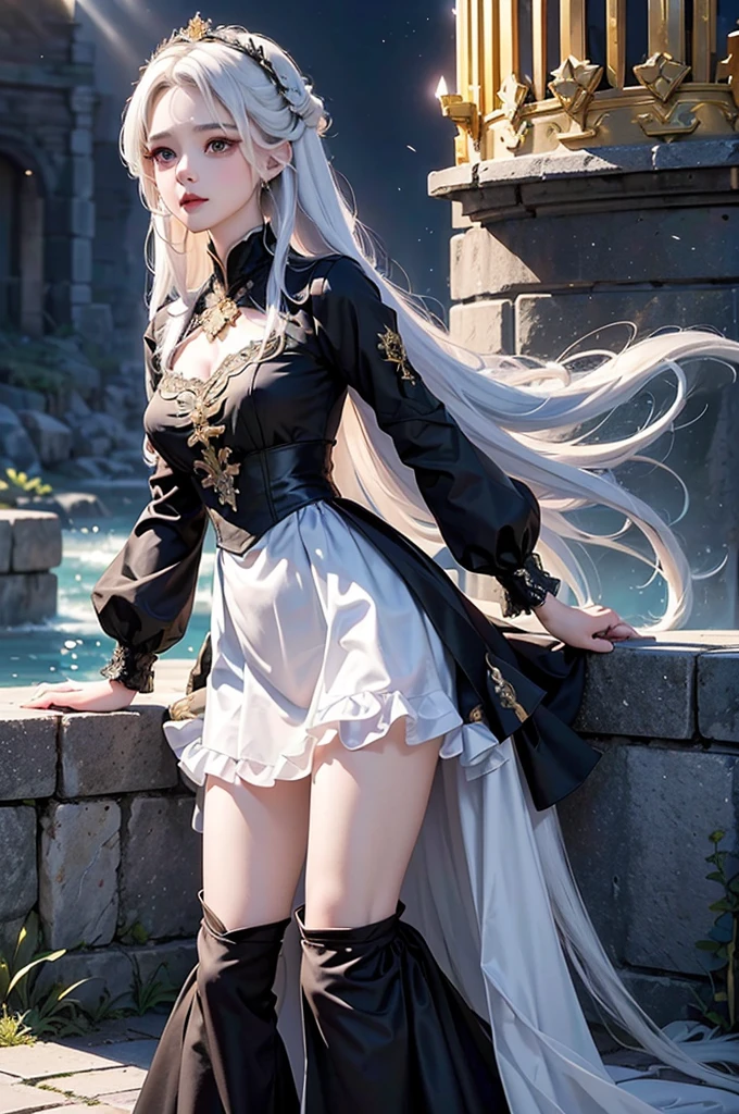 (Upper body image)((masterpiece:1.5,Highest quality,Highly detailed images,Beautiful images、Realistic、Photorealistic、2.5D))(1girl, 独奏)(Adult women、large breasts, white hair, beautiful eyes, Healthy legs、Tight ass、A little bit of her butt is visible through the slit、Beautiful cleavage)(Fantasy dresses、Fantasy Clothes、Black battle dress、black dress:1.5, Deep slit)(smile, wind, floating hair)(bright、Soft lighting、Inside the castle、The King's Chamber)from behind
