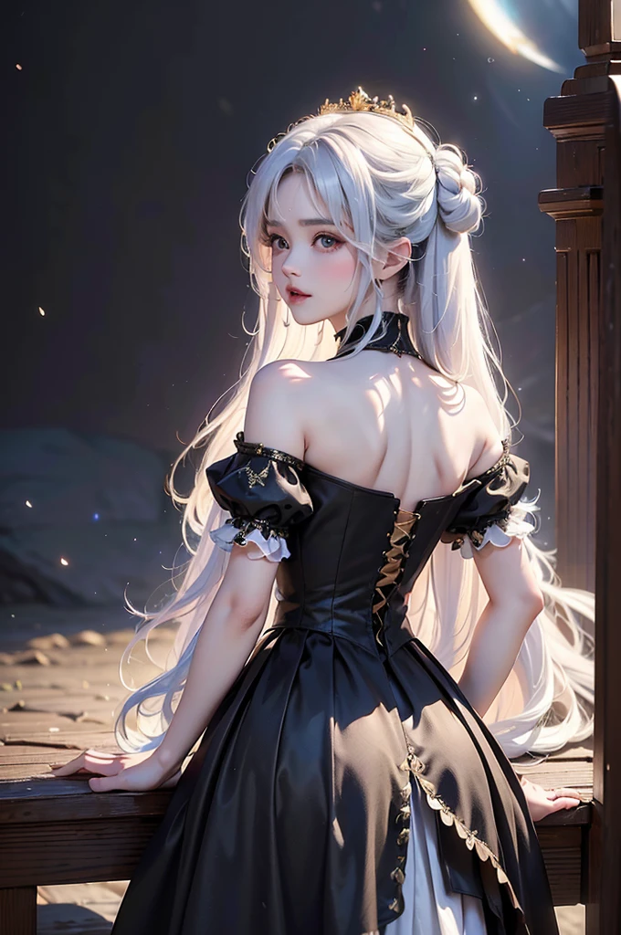 (Upper body image)((masterpiece:1.5,Highest quality,Highly detailed images,Beautiful images、Realistic、Photorealistic、2.5D))(1girl, 独奏)(Adult women、large breasts, white hair, beautiful eyes, Healthy legs、Tight ass、A little bit of her butt is visible through the slit、Beautiful cleavage)(Fantasy dresses、Fantasy Clothes、Black battle dress、black dress:1.5, Deep slit)(smile, wind, floating hair)(bright、Soft lighting、Inside the castle、The King's Chamber)from behind