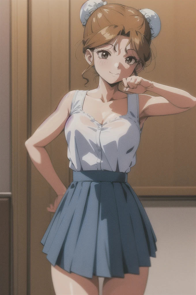 akirhaya, 1girl, 独奏, one-piece、skirt , 1990s (style), living, indoor, Morning, light smile, closed mouth,