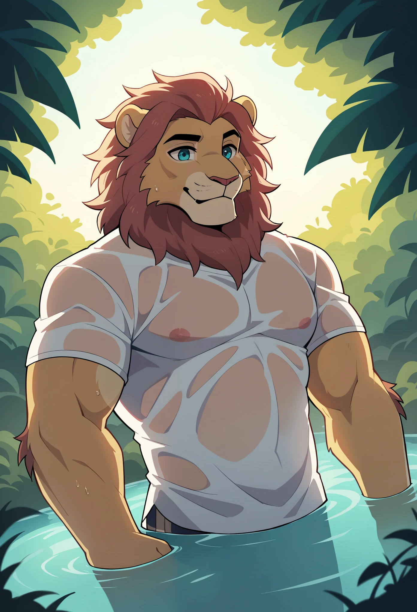 cover page, highres, top quality, best quality, paid reward available, unparalleled masterpiece, perfect artwork, absurdres, High-quality illustrations, bathing in water, beautiful refraction of water, shirt soaked in water, transparent clothing, Rich colors, Dreamy, mystical, erotic, dynamic and intricately defined muscular physique(In the forest where the stream flows, Backlighting)perfect anatomy(angelic cute 1boy)(Furry, Solo focus)(furry anthro, furry body, Facial features of male lion, Features of the male lion body)(portrait)cinematic lighting, dynamic angle,