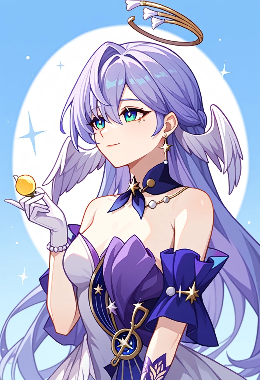 1girl, robin_\(honkai:_star_rail\), bare_shoulders, head_wings, white_dress, white_gloves, detached_sleeves, short_sleeves, aqua_eyes, long_hair, halo, purple_dress, hair_between_eyes, earrings, purple_hair
