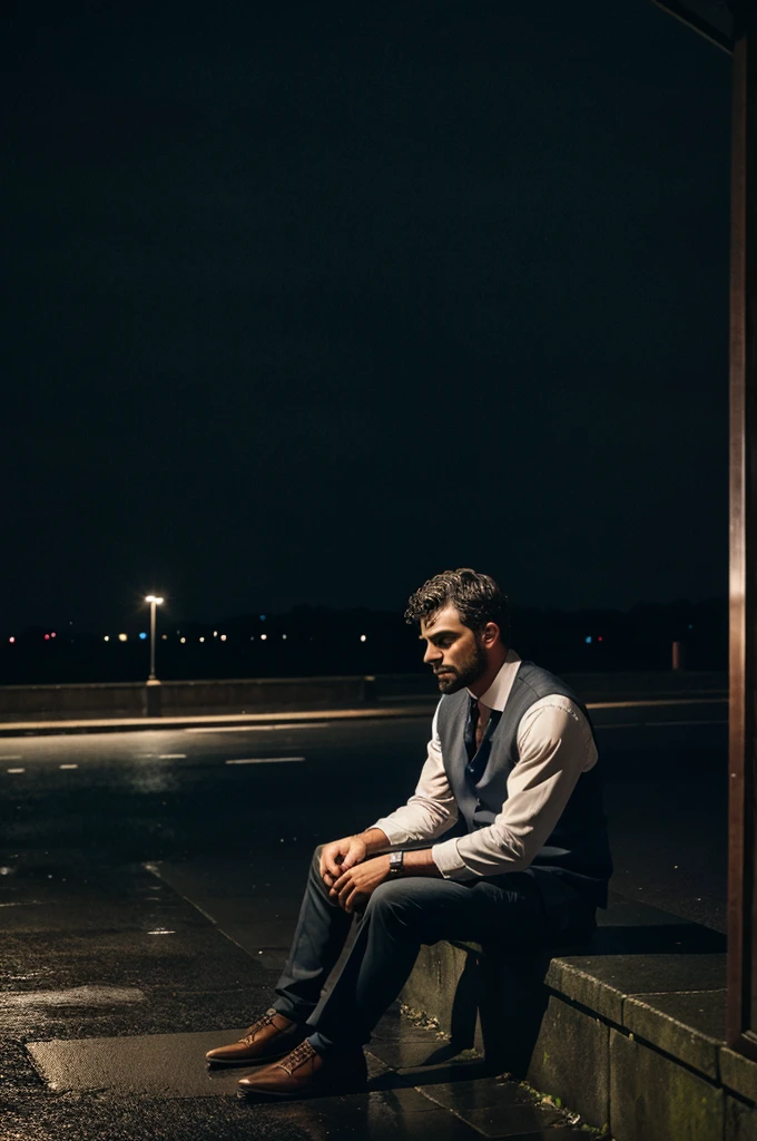 Man sitting alone in the dark, outside, while it's raining